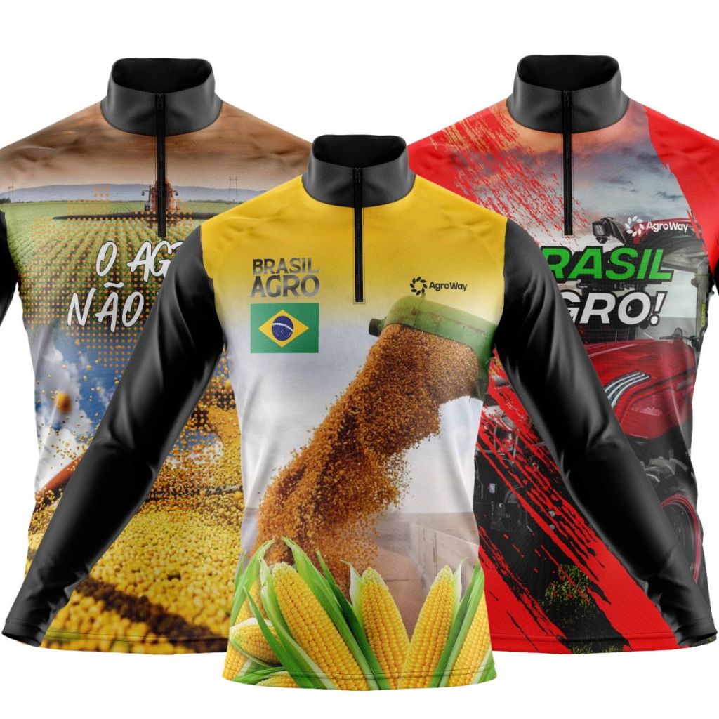 Kit 3 Camiseta Camisa Agro Manga Longa Zíper Proteção Uv Solar Colheita Soja Plantação Café Lavoura Gado Brasil Campo