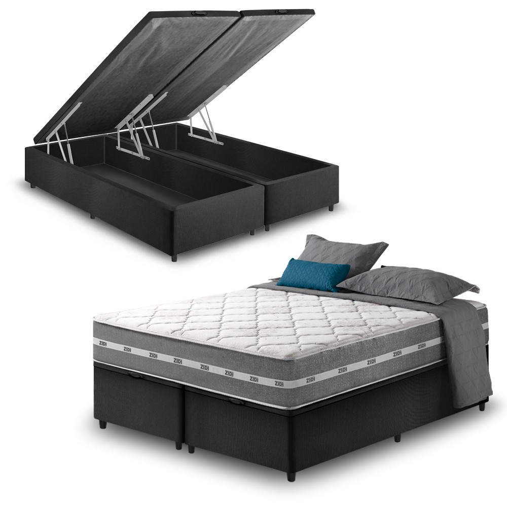 Cama Box Com Baú King Preto + Colchão Molas Ensacadas Miami 193x203x64cm em Oferta na Shopee