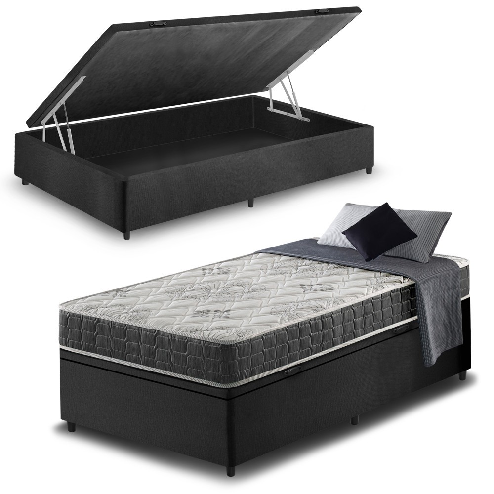 Cama Box com Baú Solteiro Preta + Colchão San Francisco Ortopédico Espuma D33 88x188x59cm em Oferta na Shopee