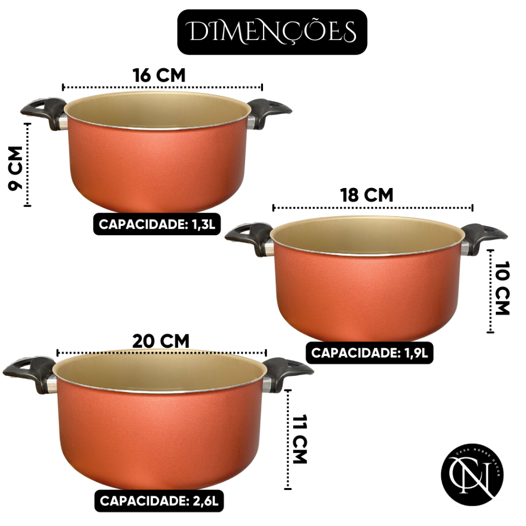 Jogo Conjunto Panelas Caçarolas 3 peças 5 camada Antiaderente Teflon Tampa de Vidro Cor Cereja Bege