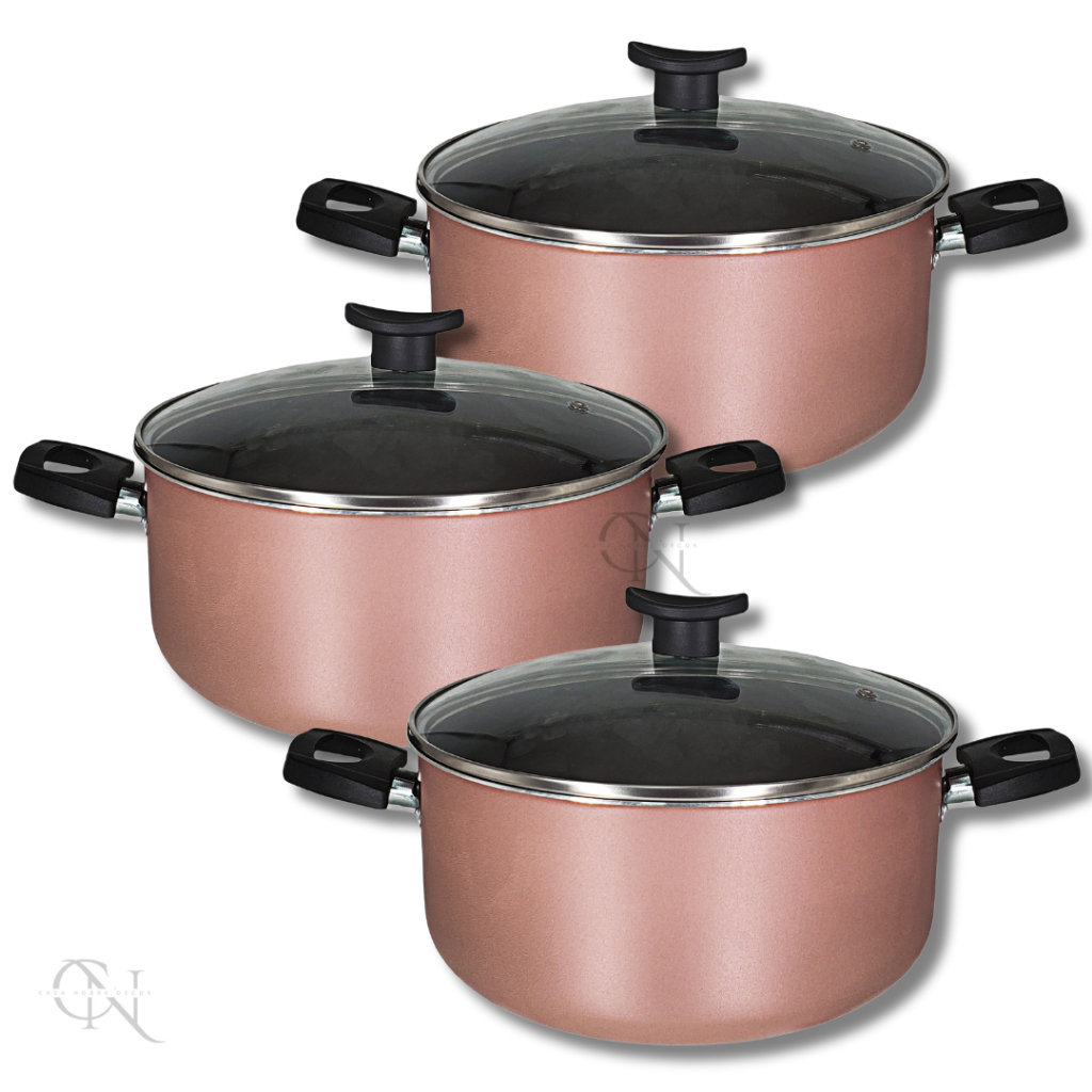 Conjunto Jogo Panelas Caçarolas 3 peças 5 Camadas Antiaderente Teflon Tampa de Vidro Cor R...