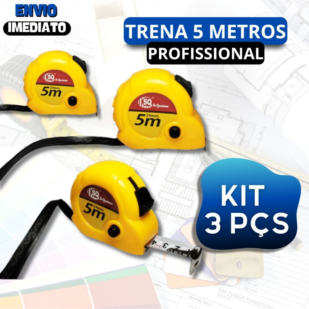Kit 3 Trena 5 Metros Profissional Fita Grossa Durável e Resistente Para Arquitetos Obra e Desenho