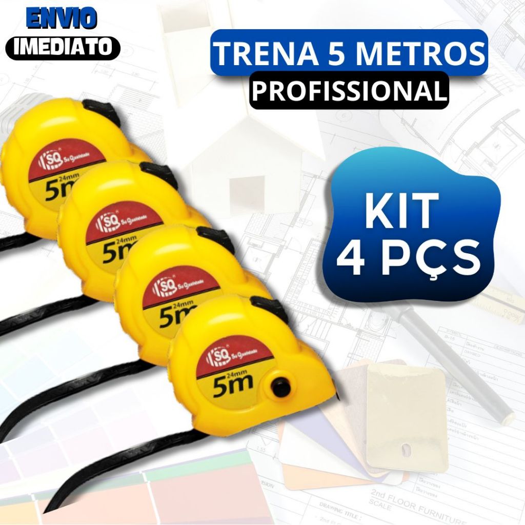 Kit 4 Trena 5 Metros Profissional Fita Grossa Durável e Resistente Para Arquitetos Obra e Desenho