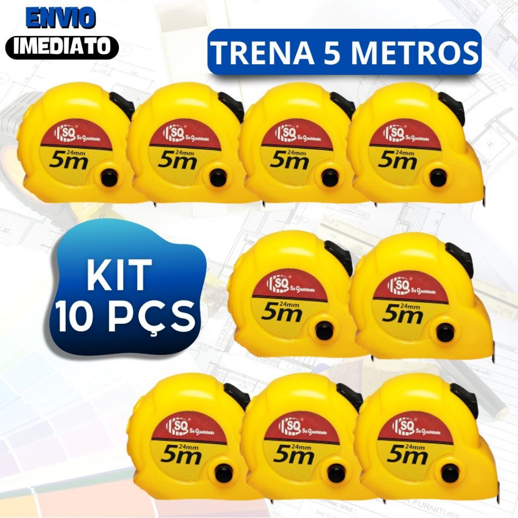 Kit 10 Trena 5 Metros Profissional Fita Grossa Durável e Resistente Para Arquitetos Obra e Desenho