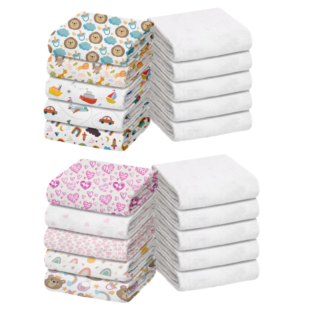 Pacote com 10 Fraldas de Pano (5 Luxo Lisa Branca + 5 Estampadas) Marca Minasrey p/ Bebês e Recém-Nascidos 70cm x 70cm em Oferta na Shopee