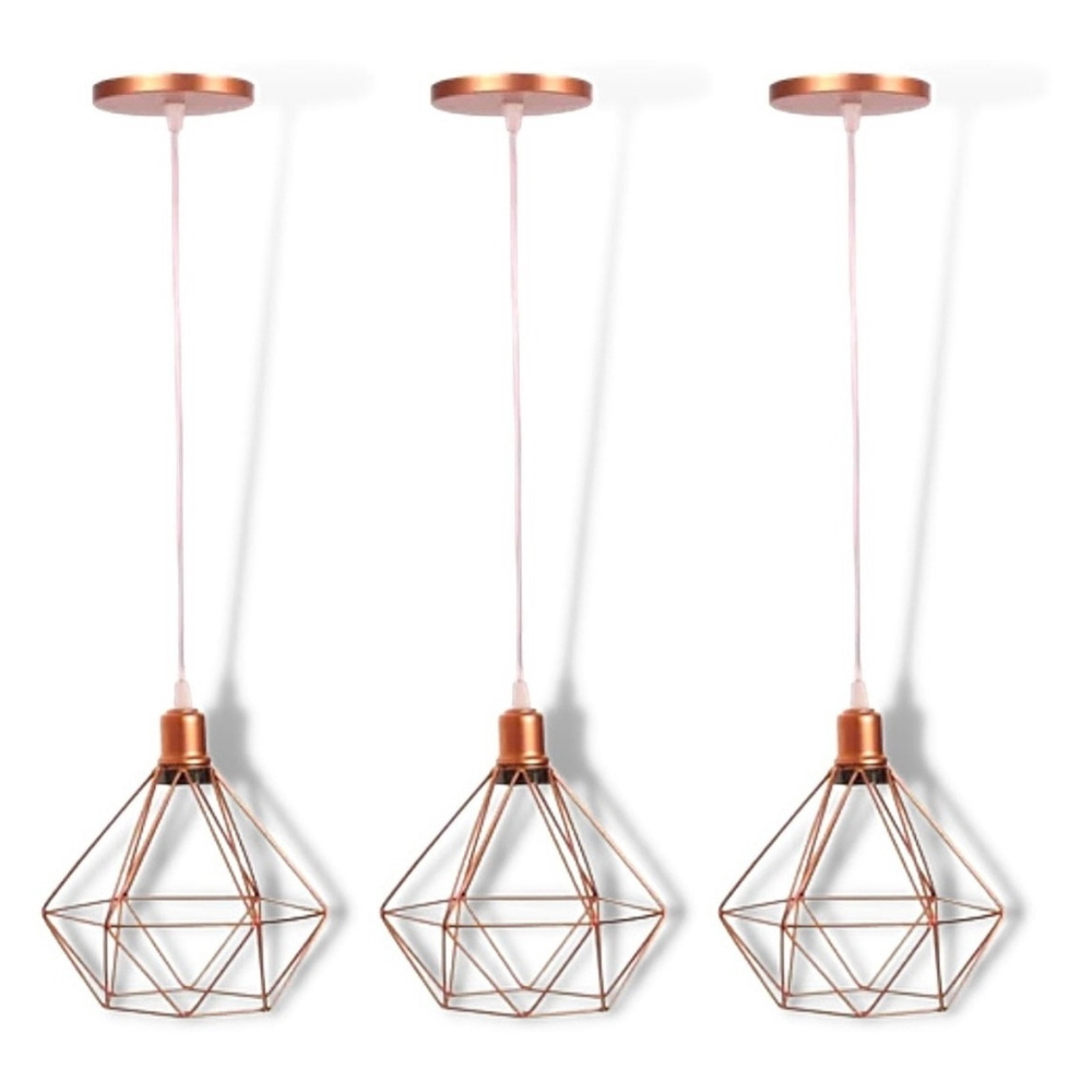 Kit 3 Pendente Aramado Diamante Retro ROSE GOLD FIO CRISTAL cabo de regulavel