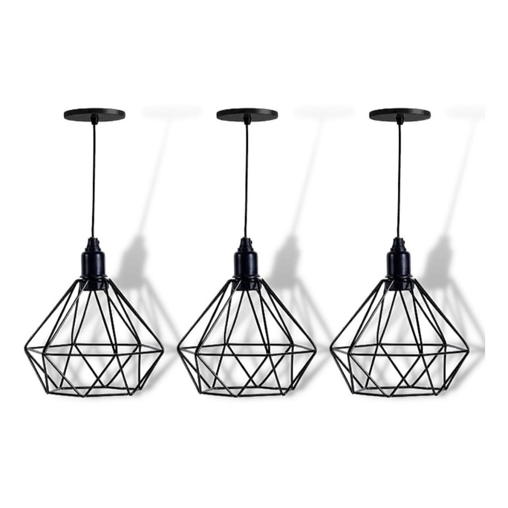 Kit 3 Pendente Aramado Diamante Retro Cabo 1m Regulavel Retrô Vintage PRETO em Oferta na Shopee