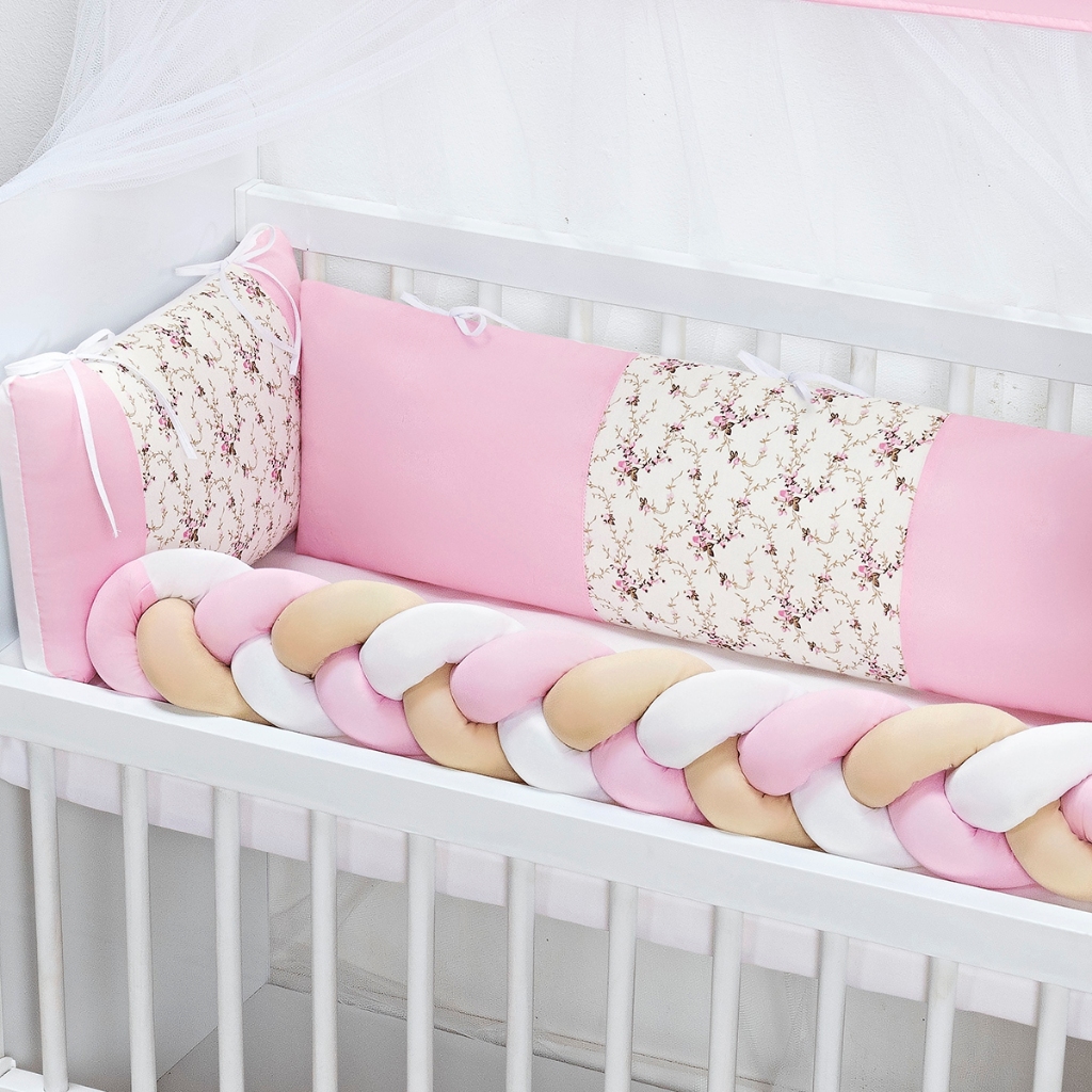 Kit Mini Berço Fofuxo 6 Peças Floral Rosa Enxoval Bebê Menina Antialérgico Macio Completo Proteção Conforto