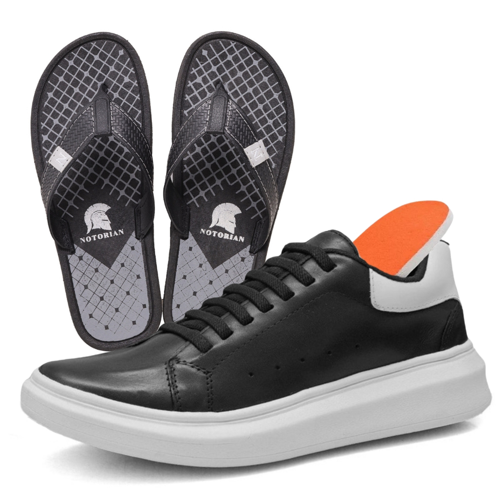 Sapatenis Masculino Casual Estilo Oversize Branco Preto Sola Alta 5cm acompanhado de Chinelo Courinho Preto Notorian