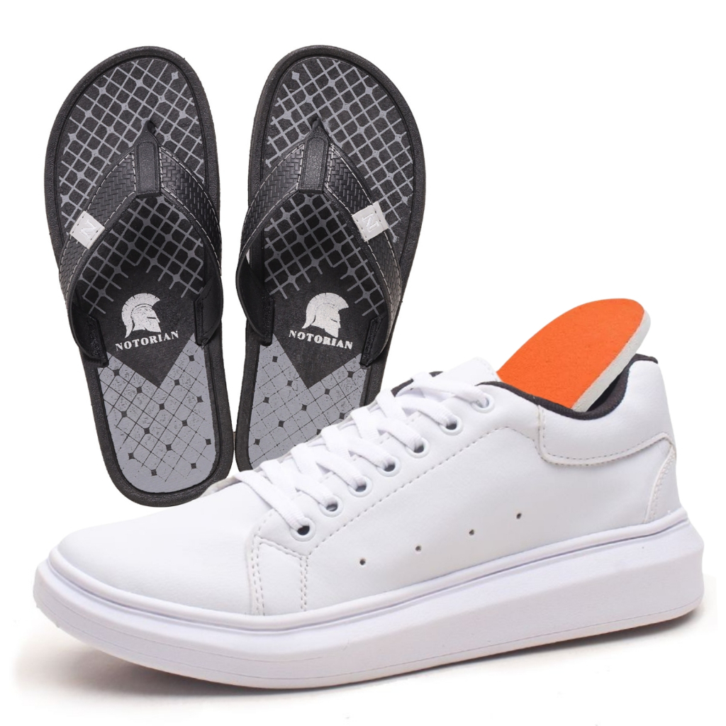 Sapatenis Casual Masculino Sola Alta 5cm Oversize Branco Preto com Chinelo Courinho Preto Notorian
