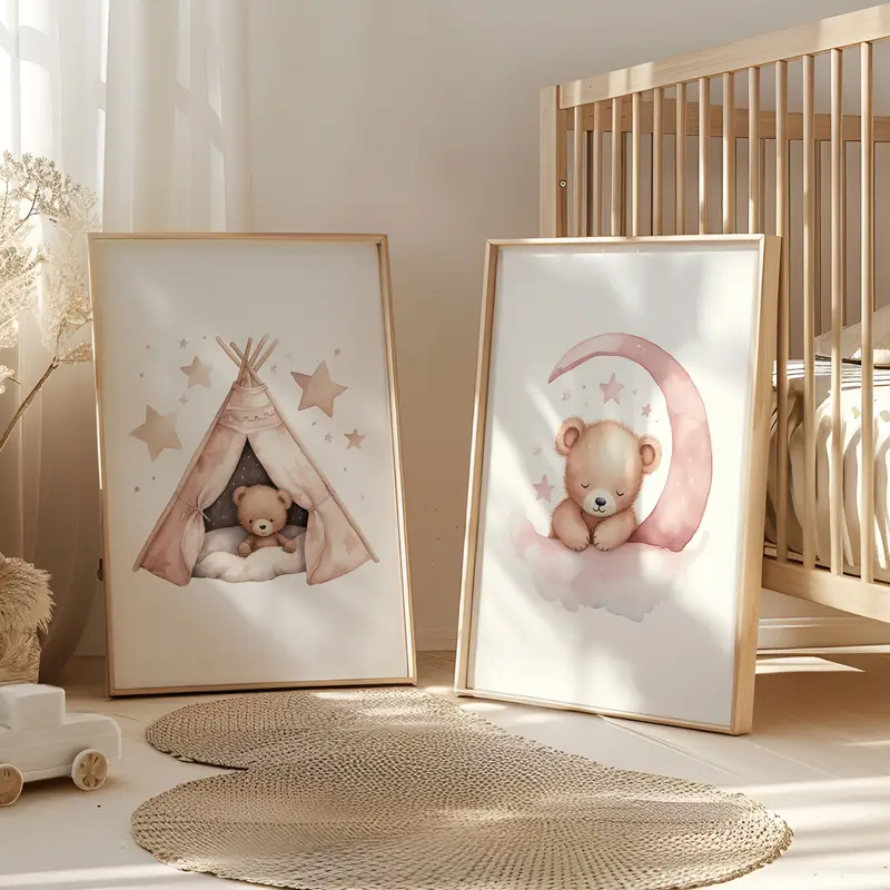 Quadro Decorativo Nome Personalizado Criança Baby Menina, Decoração de Casa com um Urso Rosa 3 peças