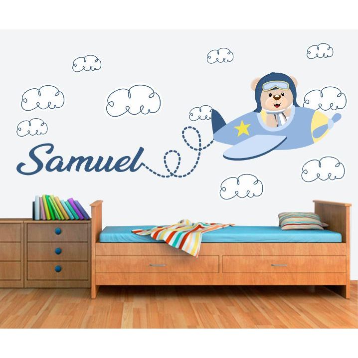 Adesivo de Parede Infantil Ursinho Aviador-nome Nuvens-urs29 em Oferta na Shopee