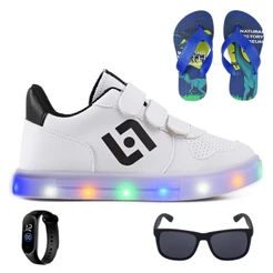 Tenis Infantil De Led Casual Escolar Sapatenis Meninos Street Calce Facil + Chinelo Oculos e Relogio