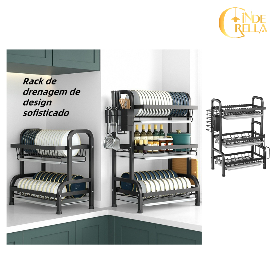 Escorredor Organizador de Louças 2 andar 3 andar Preto Aço Inoxidável Rack Drenagem Kit Cozinha