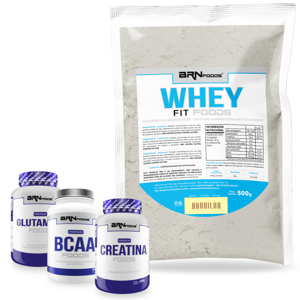 Kit Whey Fit 500g + Premium Creatina 100g + BCAA 60 caps + Premium Glutamina 100g - BRN Foods - Health