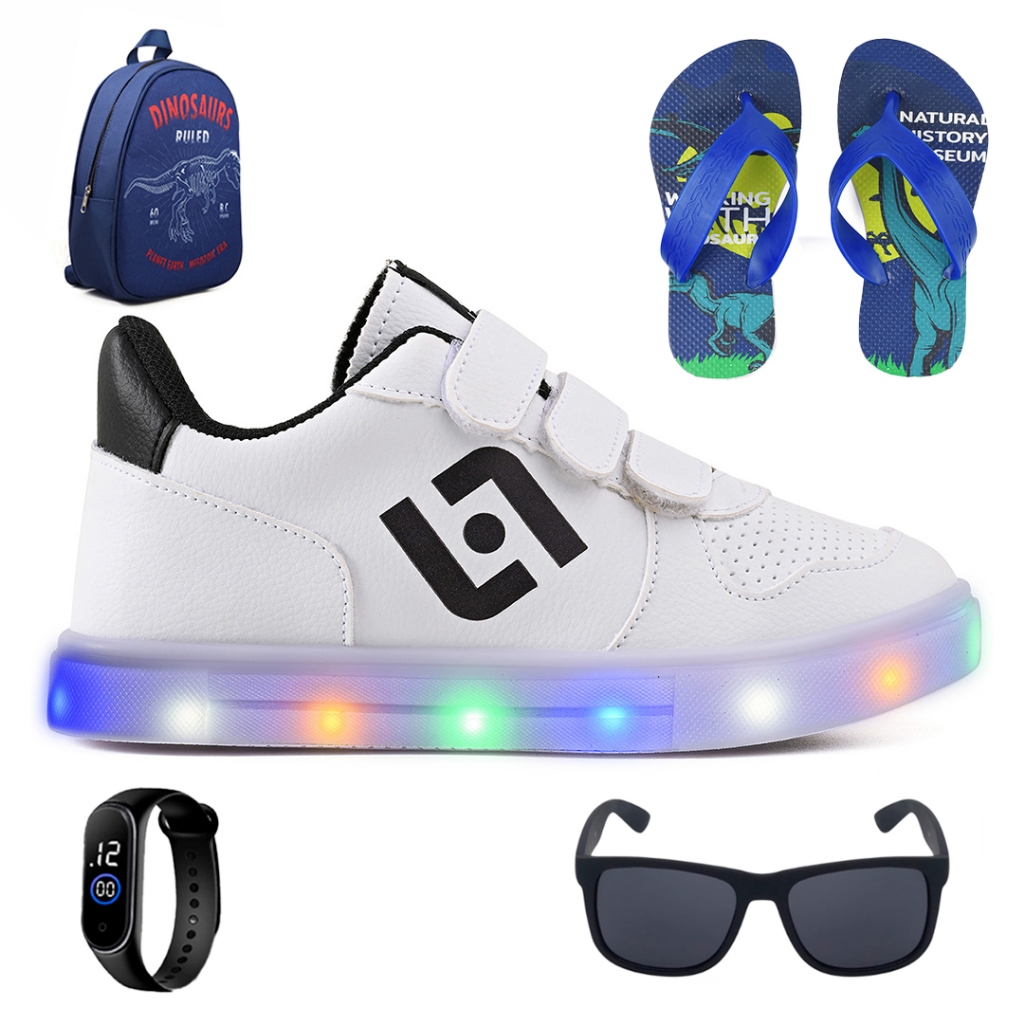 Tenis Infantil De Led Casual Escolar Sapatenis Meninos Calce Facil + Mochila Chinelo Oculos Relogio em Oferta na Shopee
