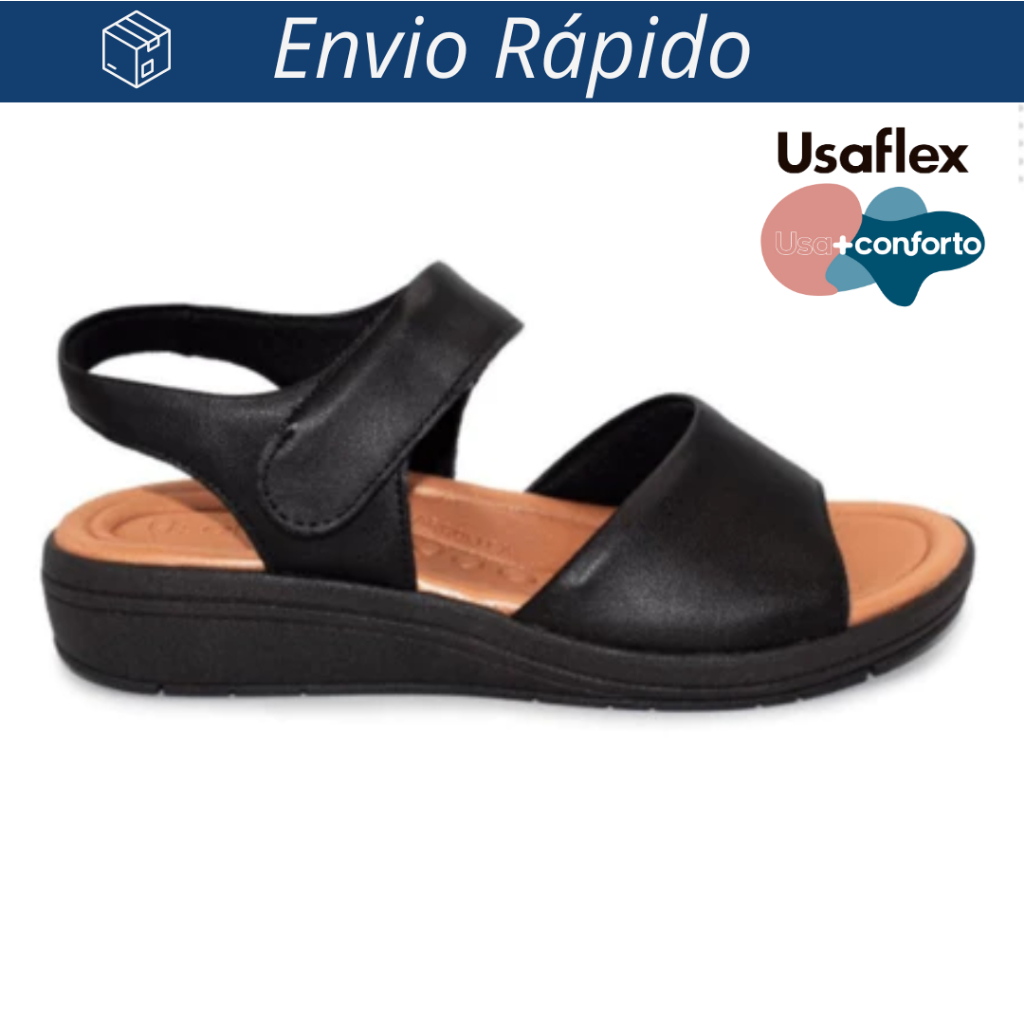Sandália Usaflex Salto Anabela Couro Preto Fecho-Flex