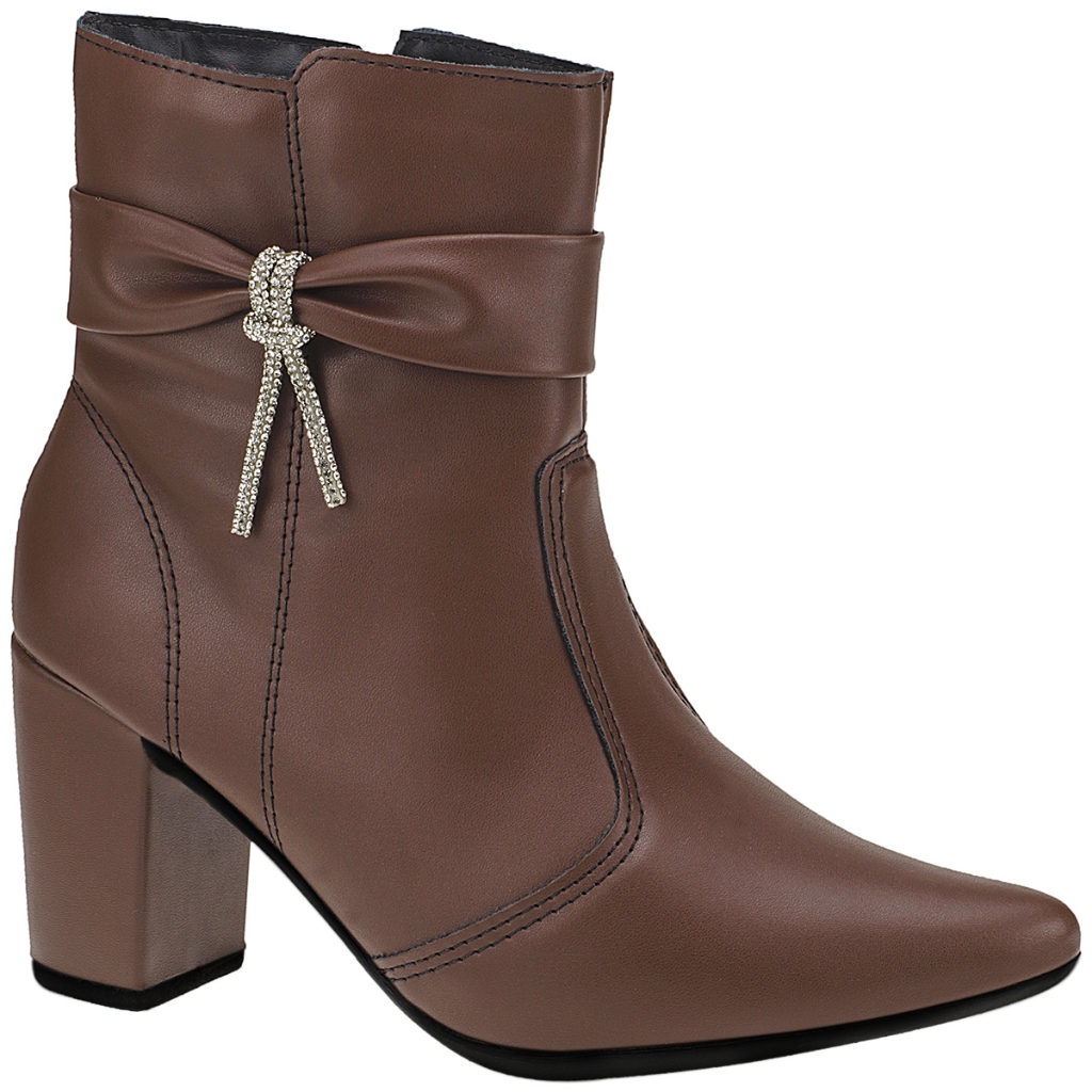 Bota Feminina com Acessório Lacinho Bico Fino com Zíper Lateral Cano Curto Salto 204 - Women Shoes