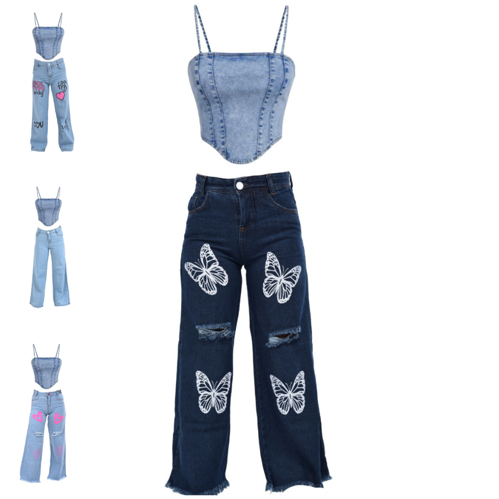 Conjunto Jeans Infantil  Cropped e Calça Tendência Blogueirinha