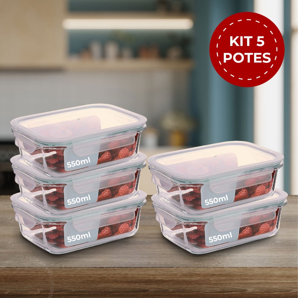 Conjunto 5 Potes de Vidro 550ml Hermético 4 Travas Marmita em Oferta na Shopee