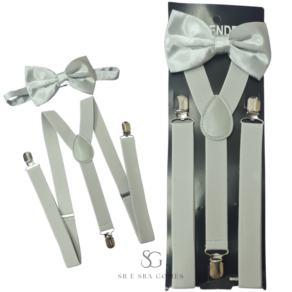 Kit Suspensório Cinza Claro + Gravata Borboleta Adulto