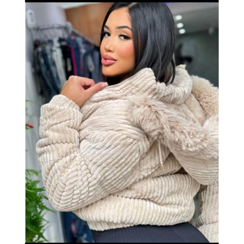 Jaqueta Puffer cotelê forrada com capuz,Bem quentinha com ziper,cropped feminino