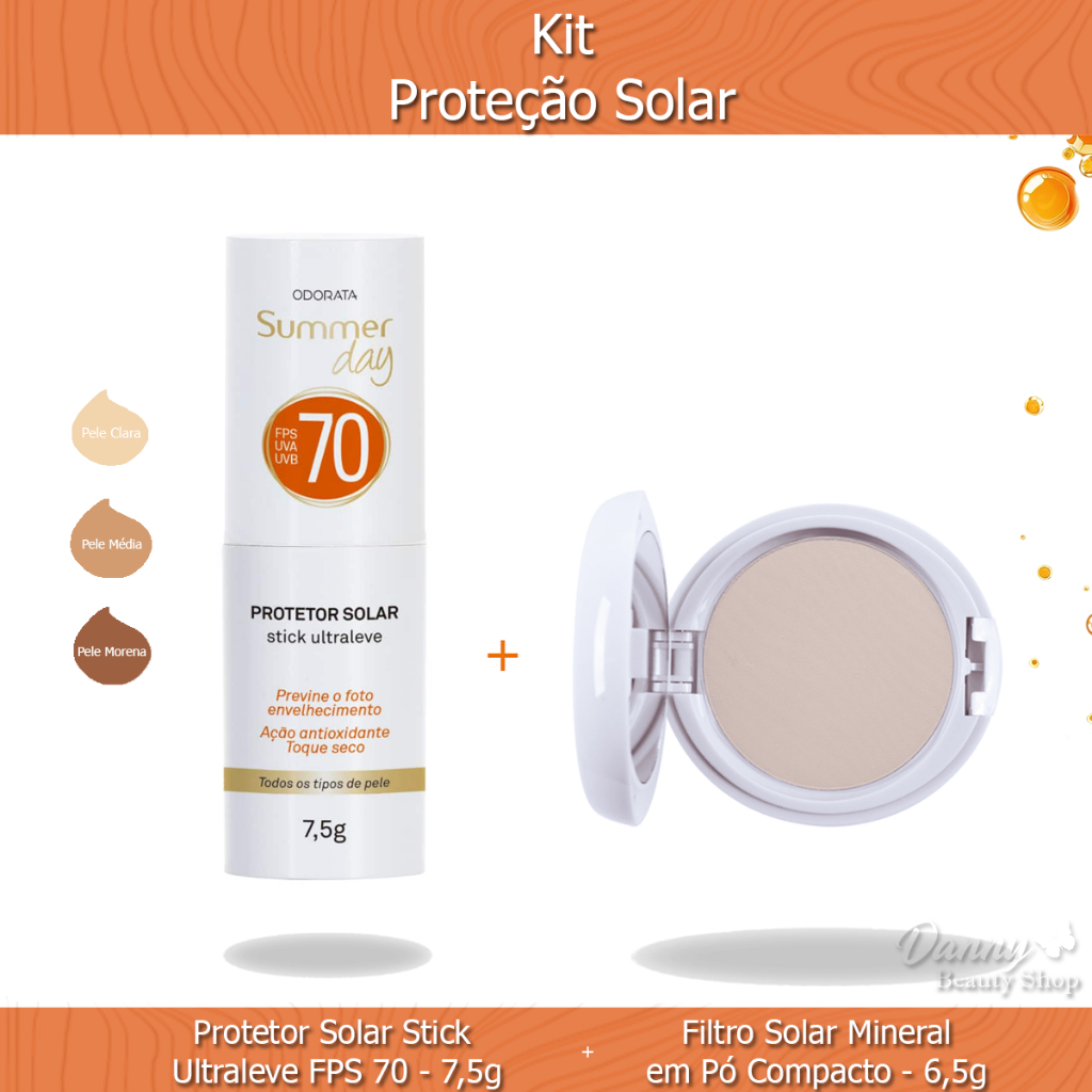 Protetor Solar Stick FPS 70 + Filtro Solar em Pó Compacto FPS 70 Pele Clara Média e Morena - Odorata