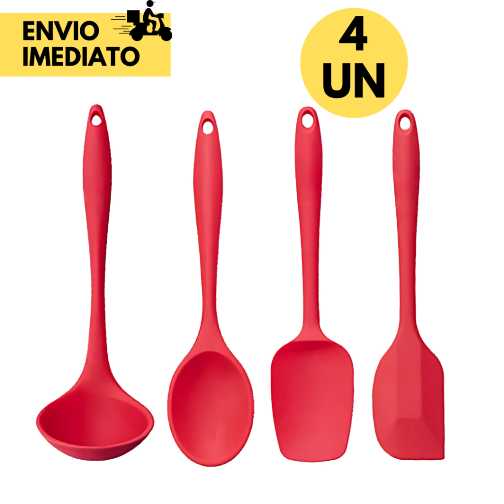 kit 4 Utensílios de Silicone para Cozinha vai ao Fogo Não Risca Panela Antiaderente p/ Cozinhar, Massas Bolos Chocolates