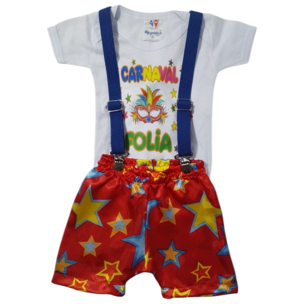 Conjunto Carnaval Bebê Menino Infantil Bloquinho da Mamadeira 3 Peças Camiseta, Short e Suspensório Temático Roupa Festa