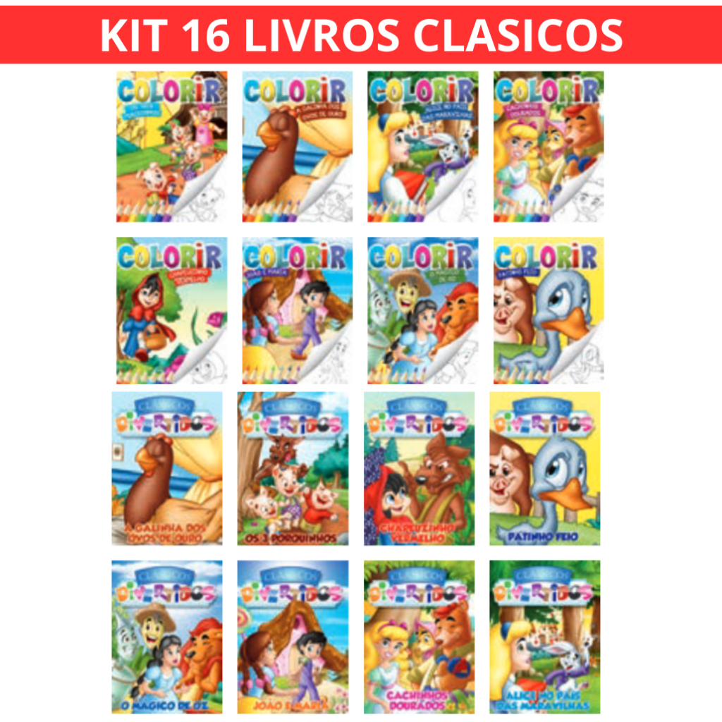 Kit 16 livros Classicos - 8 livros de colorir - 8 livros de histórias