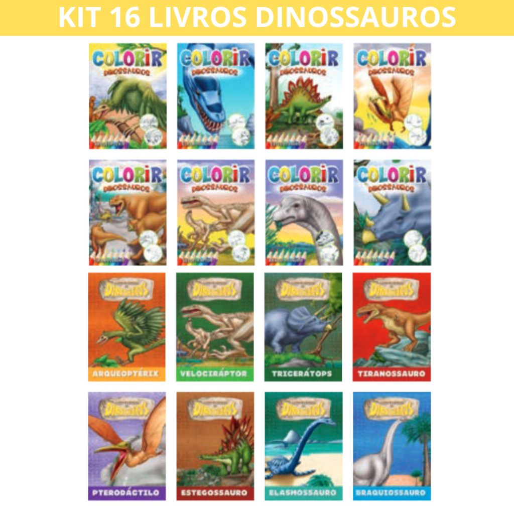 Kit 16 livros Dinossauros - 8 livros de colorir - 8 livros de histórias