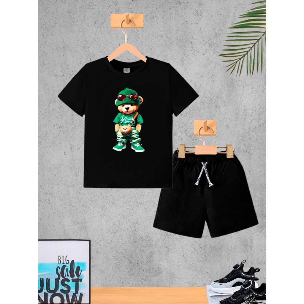 Conjunto Infantil Menino Camiseta e Bermuda Roupa Criança Masculino Verão Urso Verde