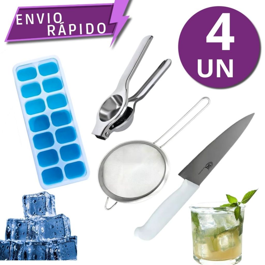 Kit Faca 7' Espremedor Sucos Peneira Forma de Gelo silicone Preparar Bebidas Corte de Alimentos em bares cozinhas casas.