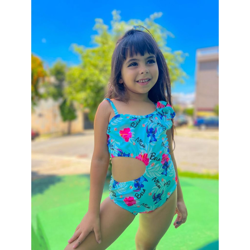 Maiô Infantil Stitch Para Meninas Roupa De Praia Tecido Suplex Com Proteção UV