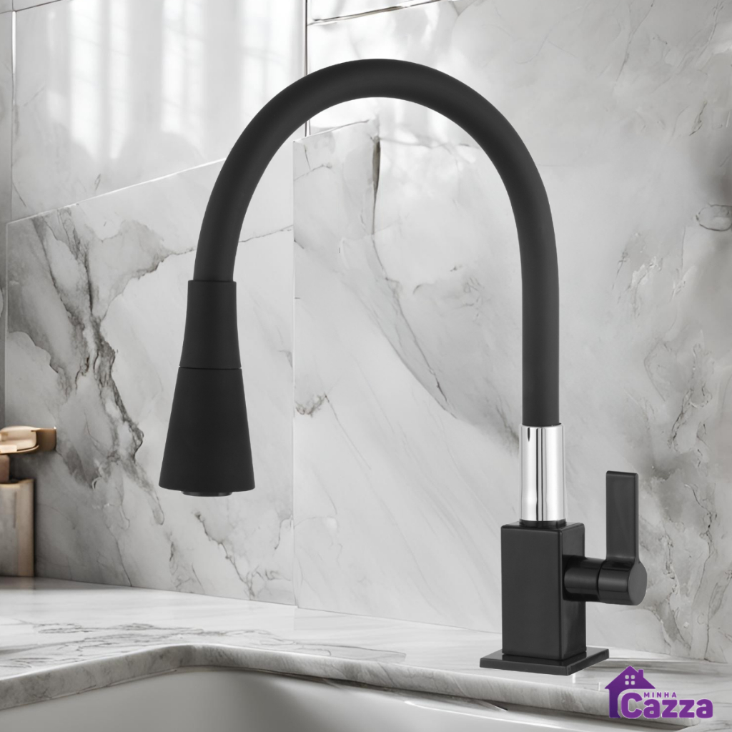 Torneira Bancada Cozinha Gourmet Preta Flexivel 2 Jatos 1/4 de volta para mesa pia bancada e mármore