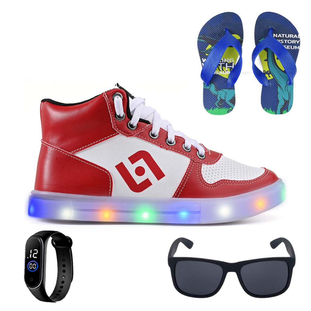 Tenis Infantil De Led Meninos Botinha Escolar Casual Basico + Chinelo + Oculos + Relogio em Oferta na Shopee