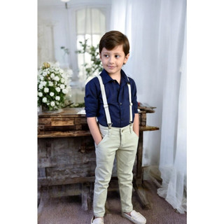 Conjunto Social Infantil Juvenil Para Casamento Pajem Presente Batizado Azul Marinho E Bege