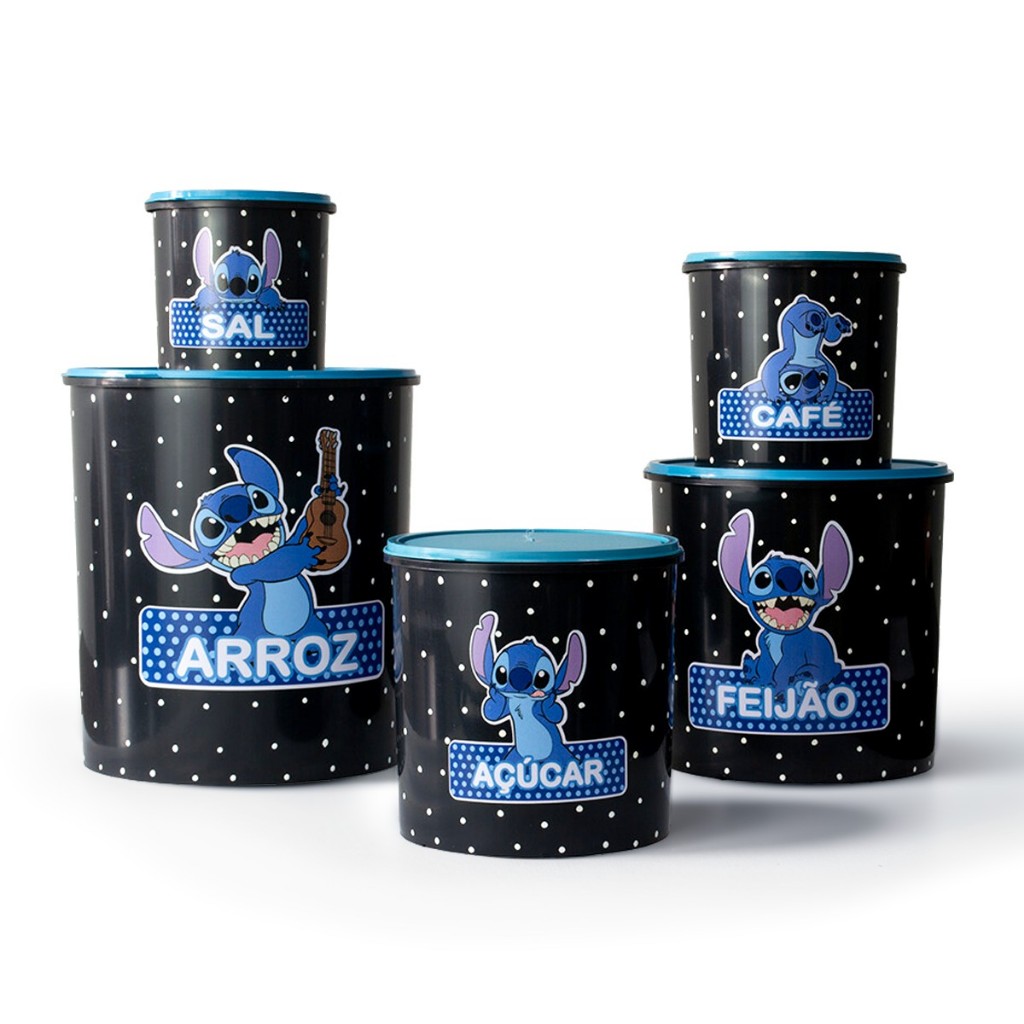 Kit Mantimentos 5 Peças Plástico Adesivado Stich Decoração Cozinha Lar