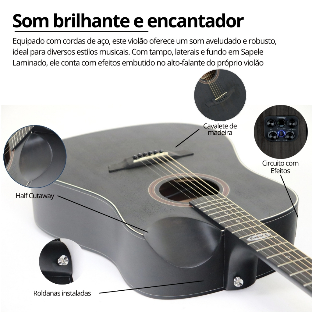 Kit Violão Strinberg Folk Elétrico SD301HCR Galaxy + Acessórios - detalhe