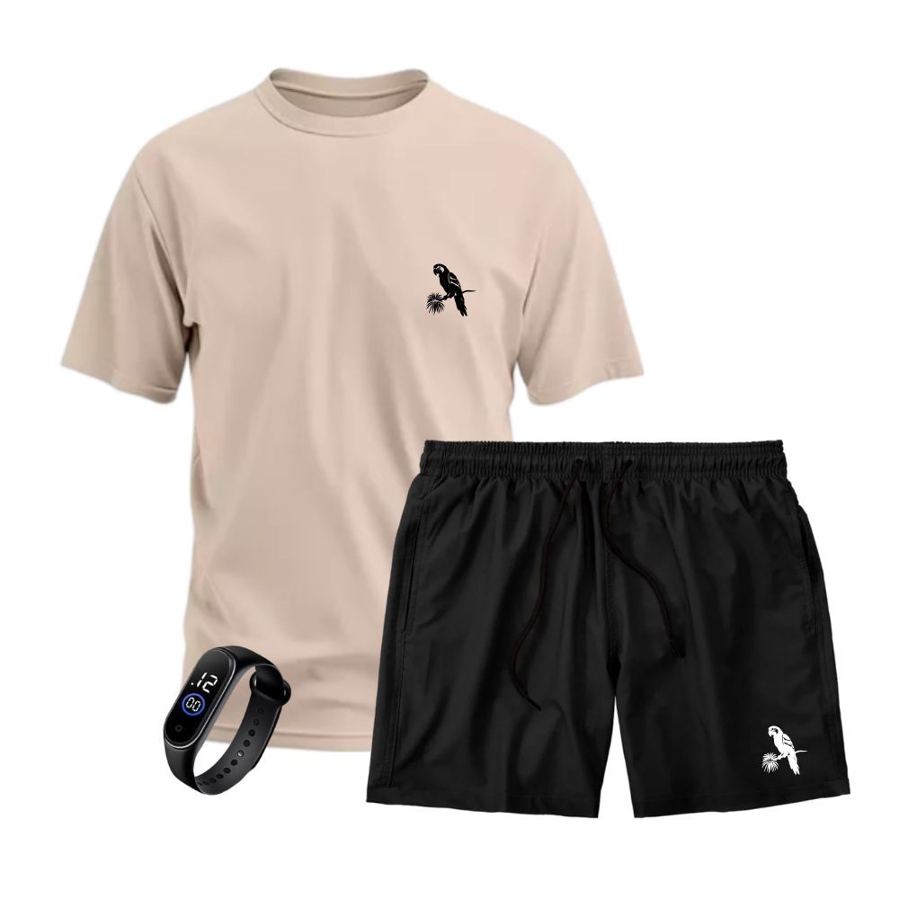 Kit Camiseta + Short Tactel + Relógio Esportivo Em Várias Cores Conjunto Estampado Arara Natureza
