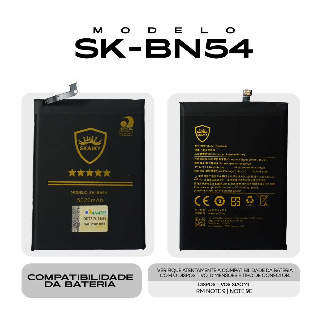 Bateria Oficial Skaiky BN54 Compativel Com XIAOMI REDMI NOTE 9 NOTE 9E