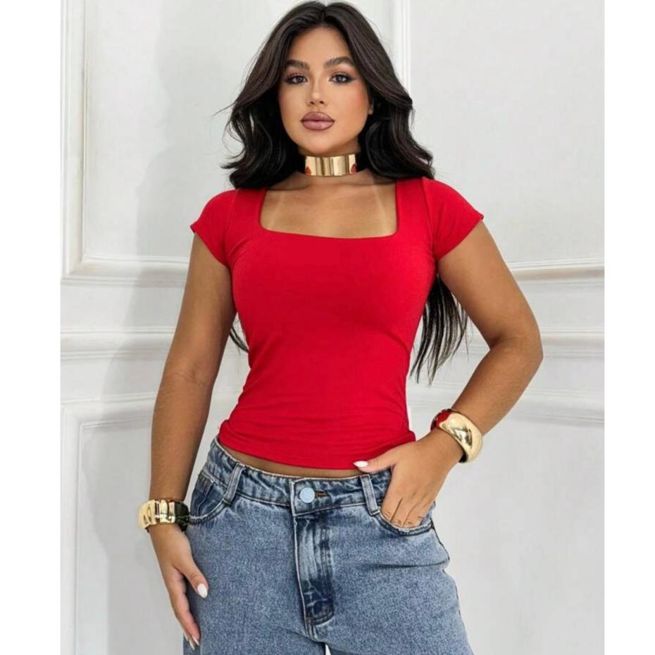 Blusa Feminina Básica Decote Quadrado Manga Curta Baby Look Moda Casual Versátil Blogueira Gringa