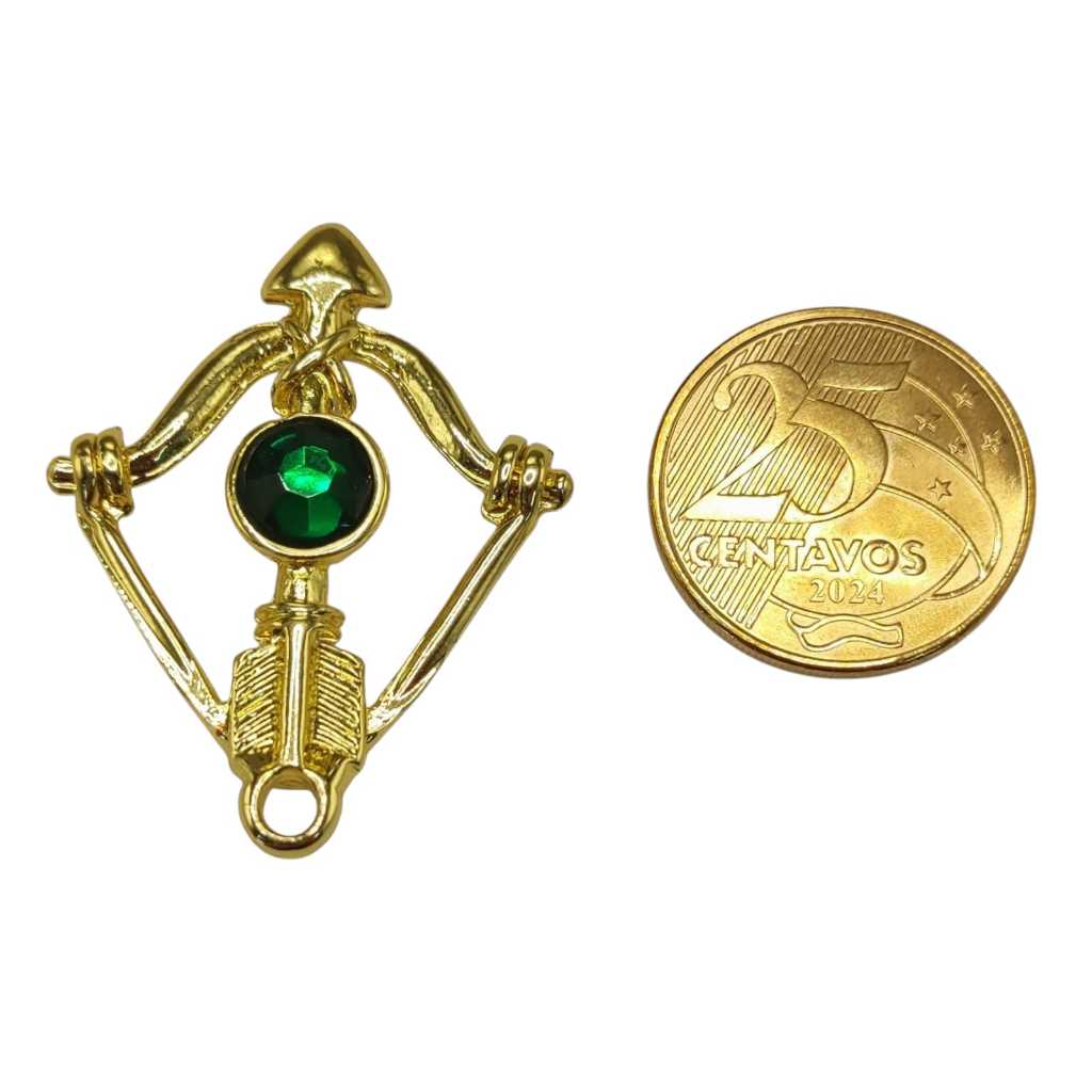 Pingente Arco E Flecha Ofá Dourado Com Strass Verde -