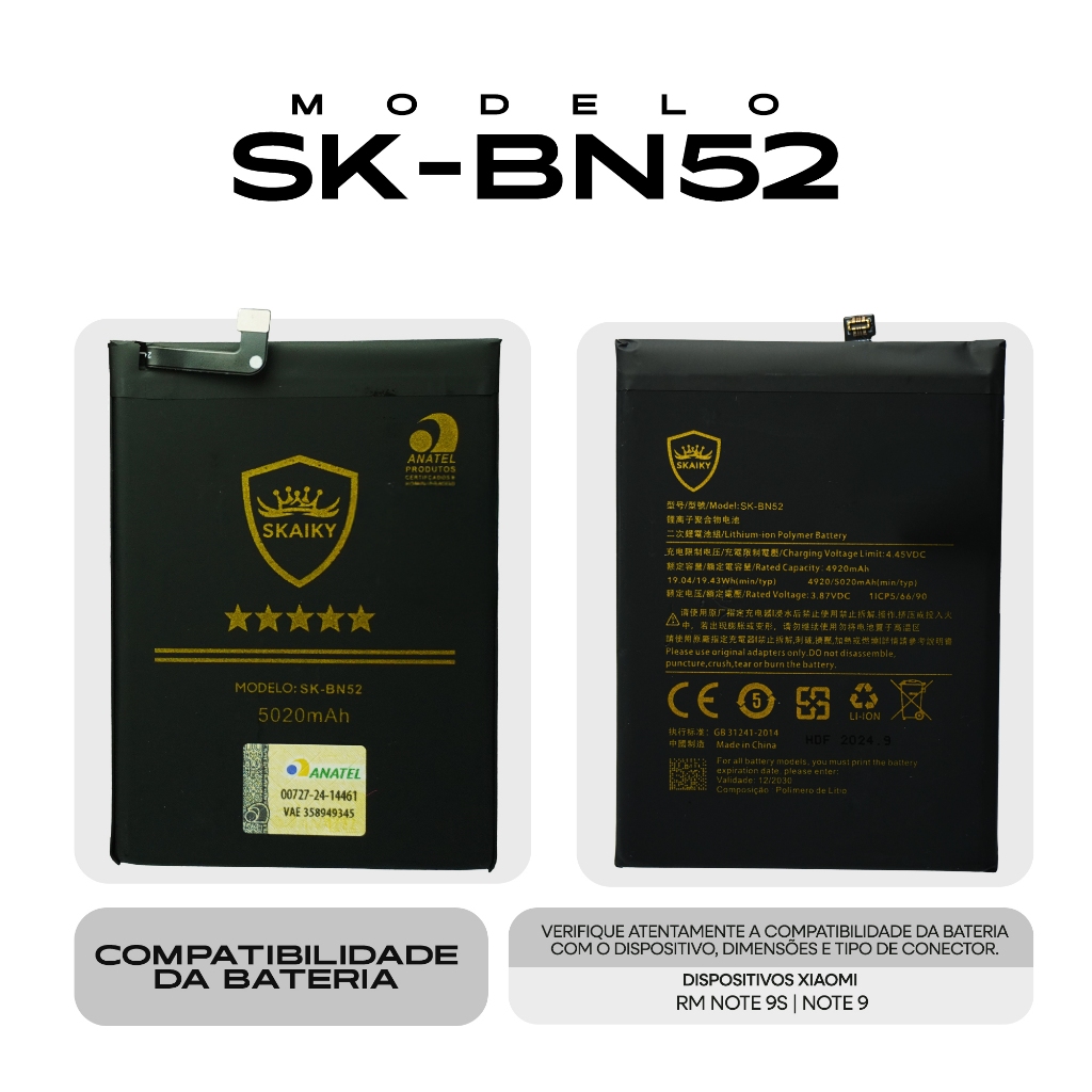 Bateria Oficial Skaiky BN52 Compativel Com XIAOMI REDMI NOTE 9S | REDMI NOTE 9 PRO