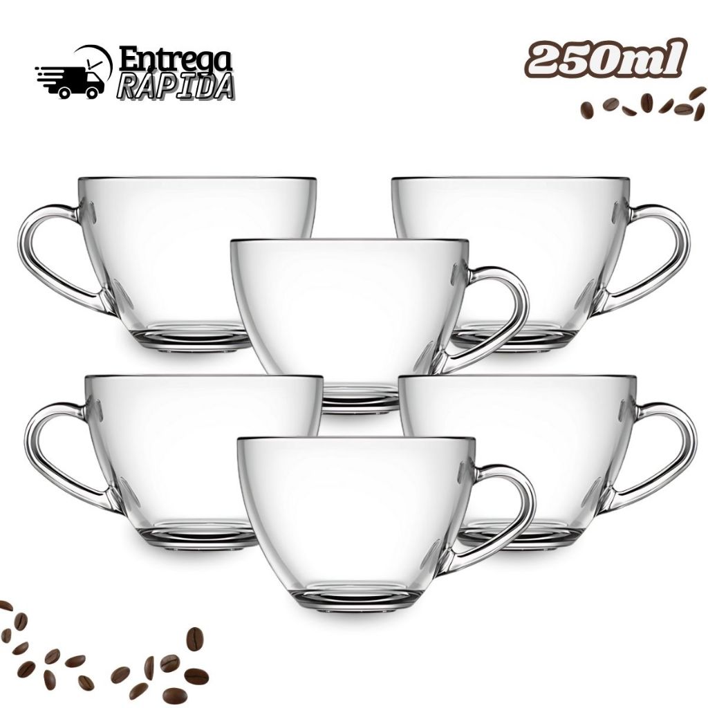 Jogo De Xícaras Em Vidro  250ml Kit Canecas 6 Peças Para Chá Café