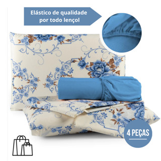 Kit Jogo de Lençol Queen 4 Peças com Elástico 1,98m x 1,58m x 30cm Altura Estampas Sortida...