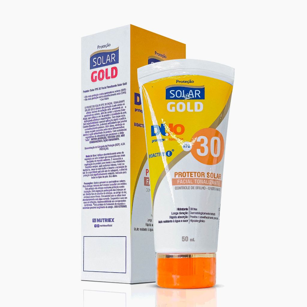 Protetor Solar Gold FPS 30 Facial Tonalizante 50ml Controle de Brilho e Efeito Mate Nutriex - Beauty