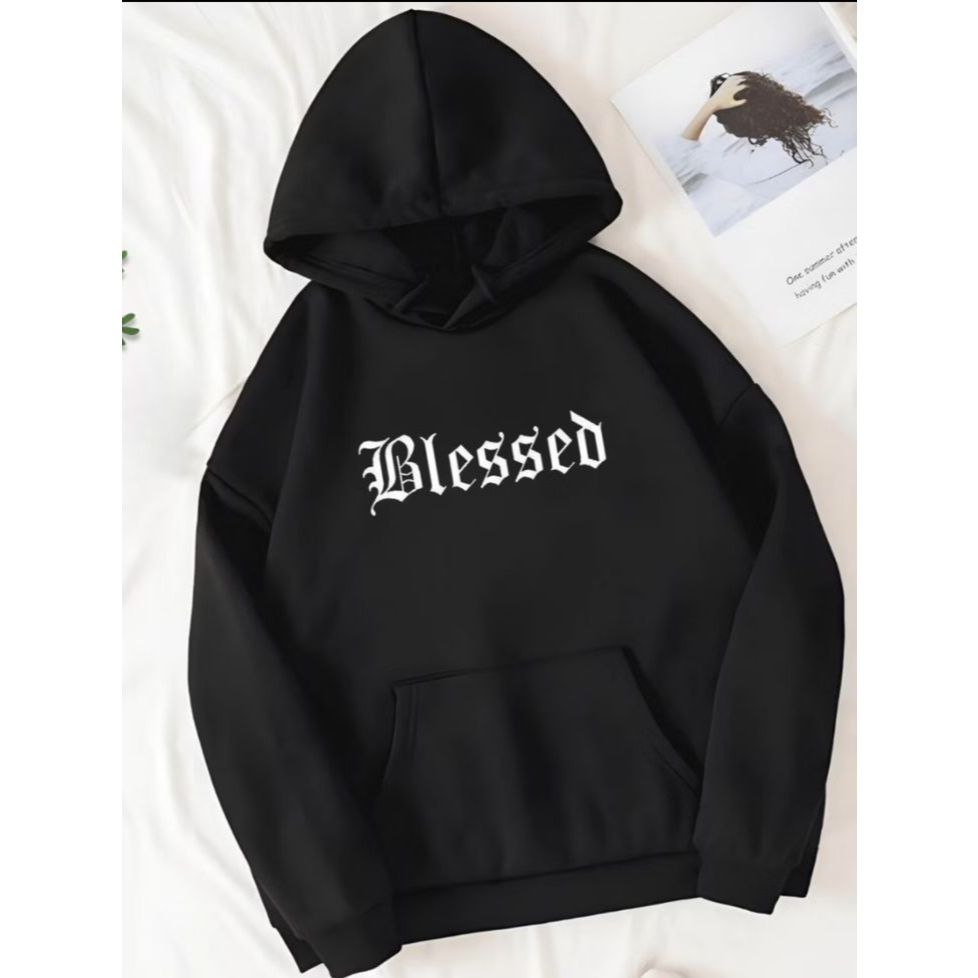 Blusão de Frio Moletom Flanelado Preto Estampado Blessed Casaco Estilo Abrigo Modelo Premium Top Unissex Adulto Infantil