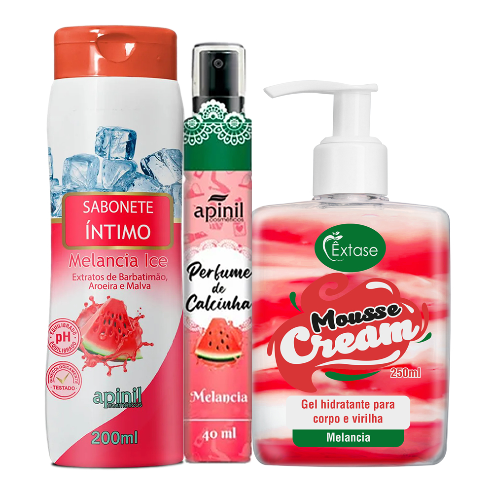 Kit Íntimo Feminino 3 em 1 – Mousse Cream Êxtase Beijável, Sabonete Líquido e Perfume de Calcinha
