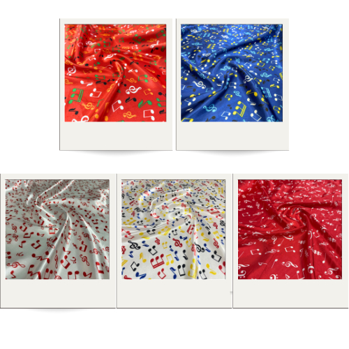 Tecido Cetim Estampado Notas Musicais Coloridas 1,40m Festas e Fantasias